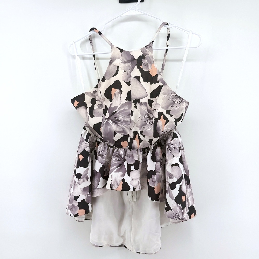 Angel Biba Halter Top Floral Animal Print 12 Black White Women Peplum Ruffle